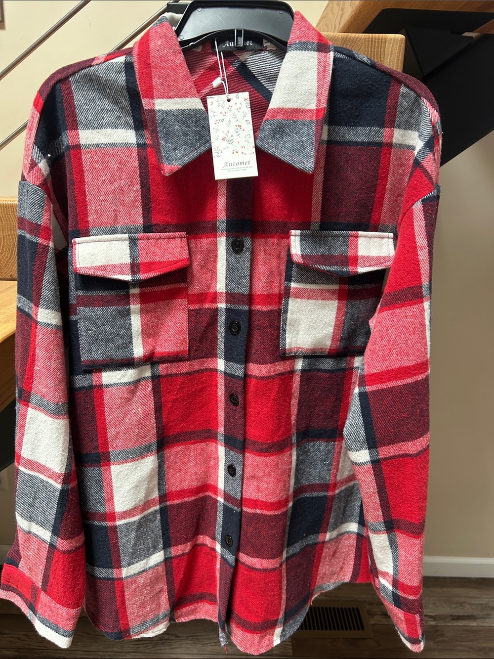 Womens Red Plaid Button-Front Shirt Jacket